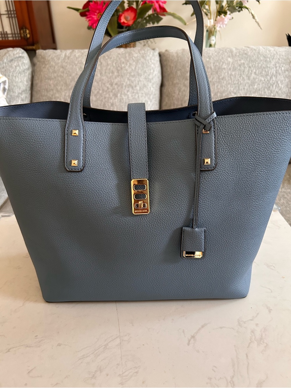 Michael Kors Structured Pebbled Leather Tote in Dusty Blue with Gold Accents